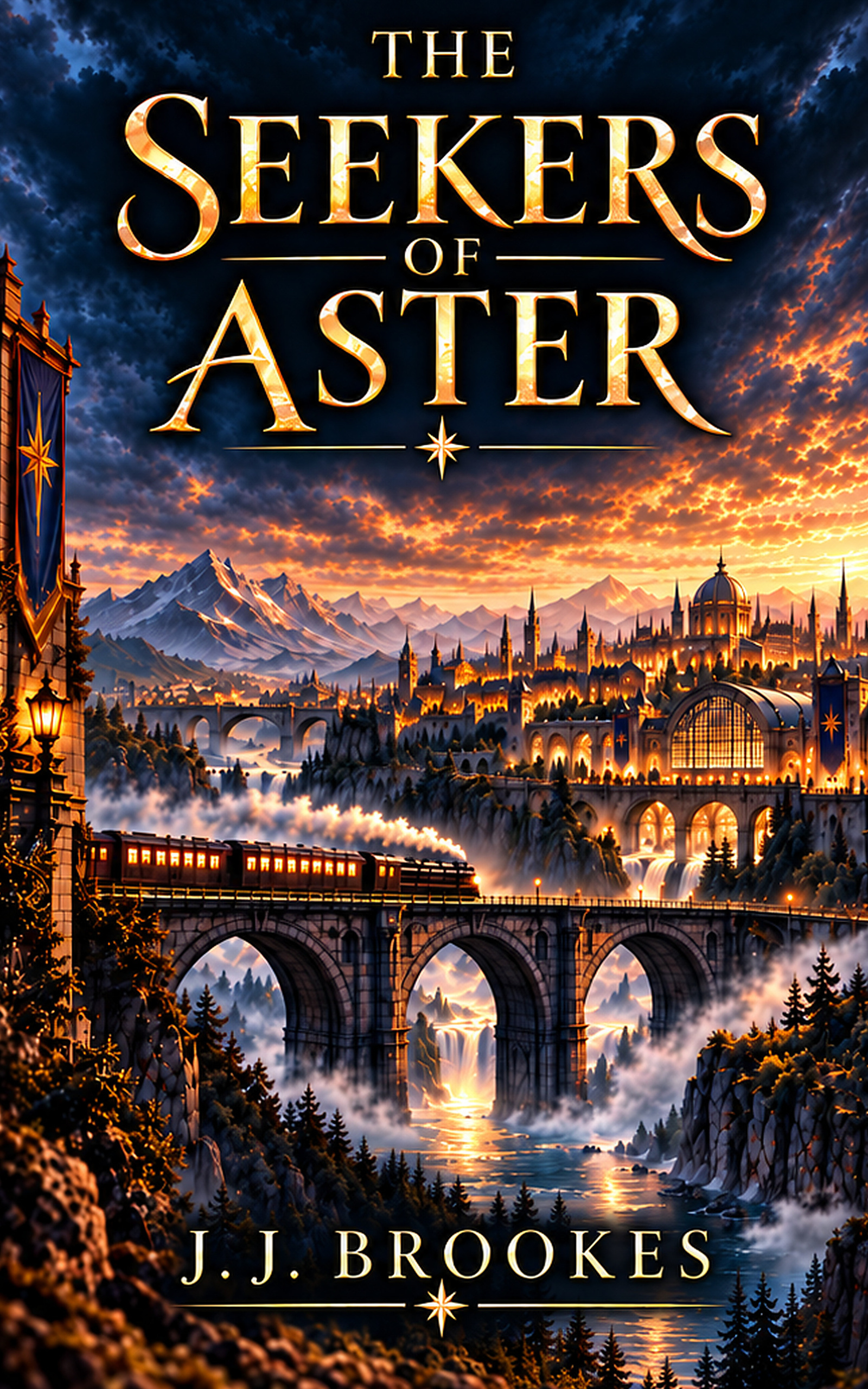 The Seekers of Aster by J.J. Brookes: a golden city, mountain peaks, and a rail engine crossing a stone bridge at sunset